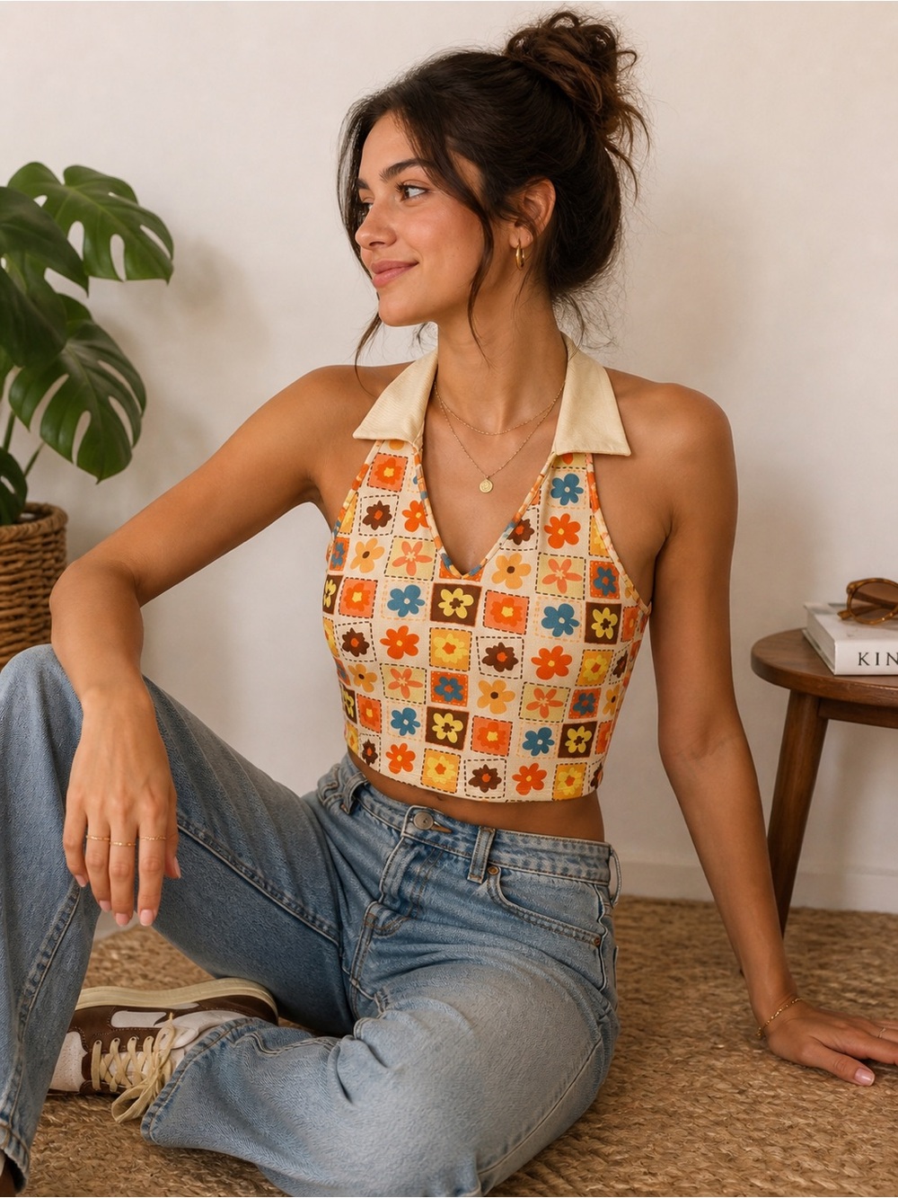 Retro Floral Halter Crop Top with Collar